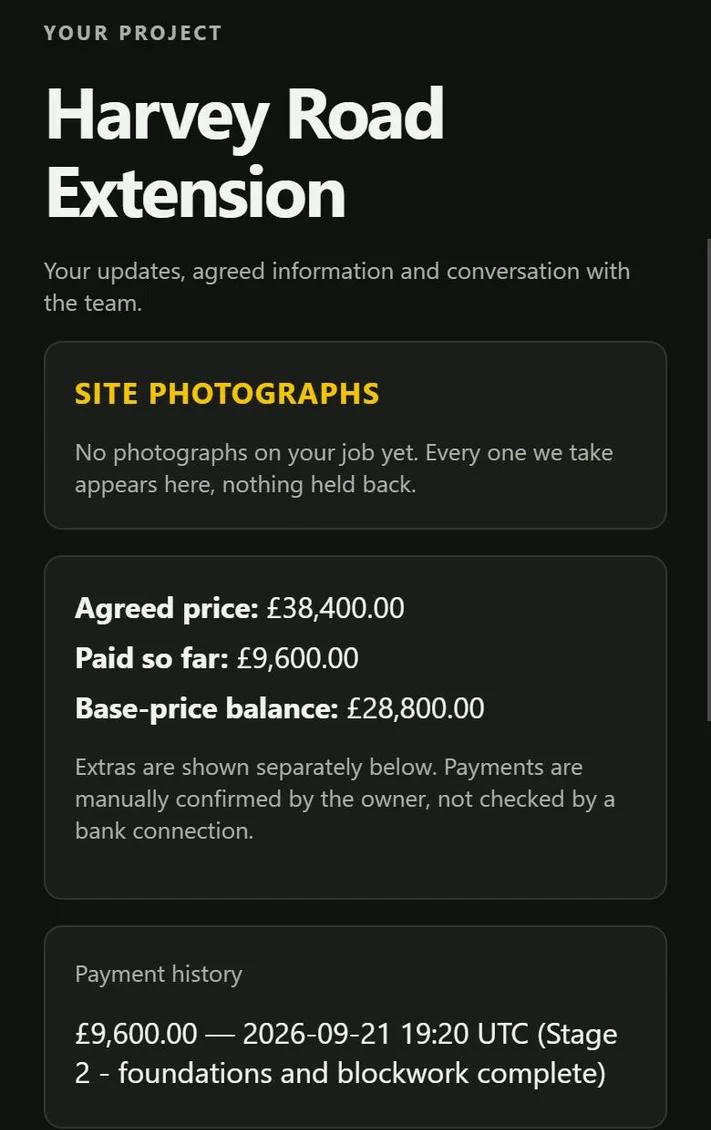 Customer view of a job showing site photographs, agreed price, paid so far and balance.