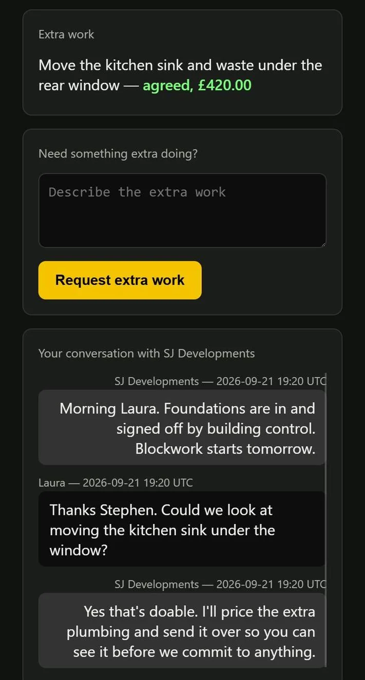 Agreed extra work at a fixed price, a box to request more extra work, and the conversation with the builder.