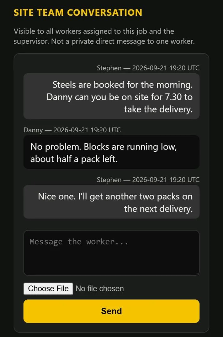 Site team conversation between the office and workers, with a message box and send button.