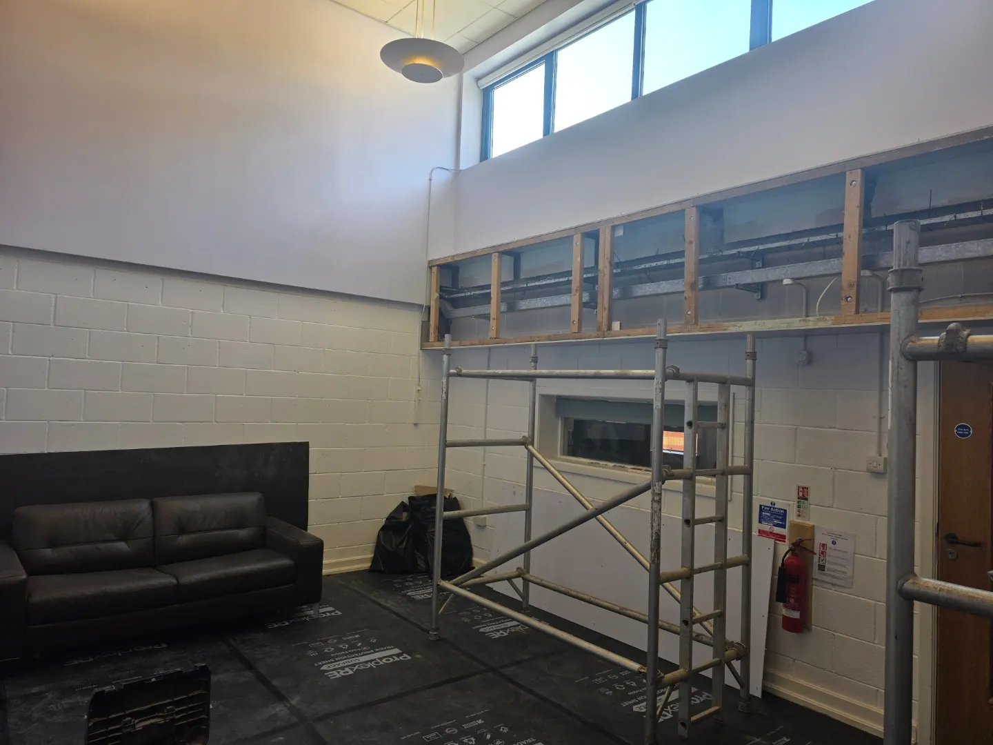 School nursery with scaffold in place during structural alteration works.